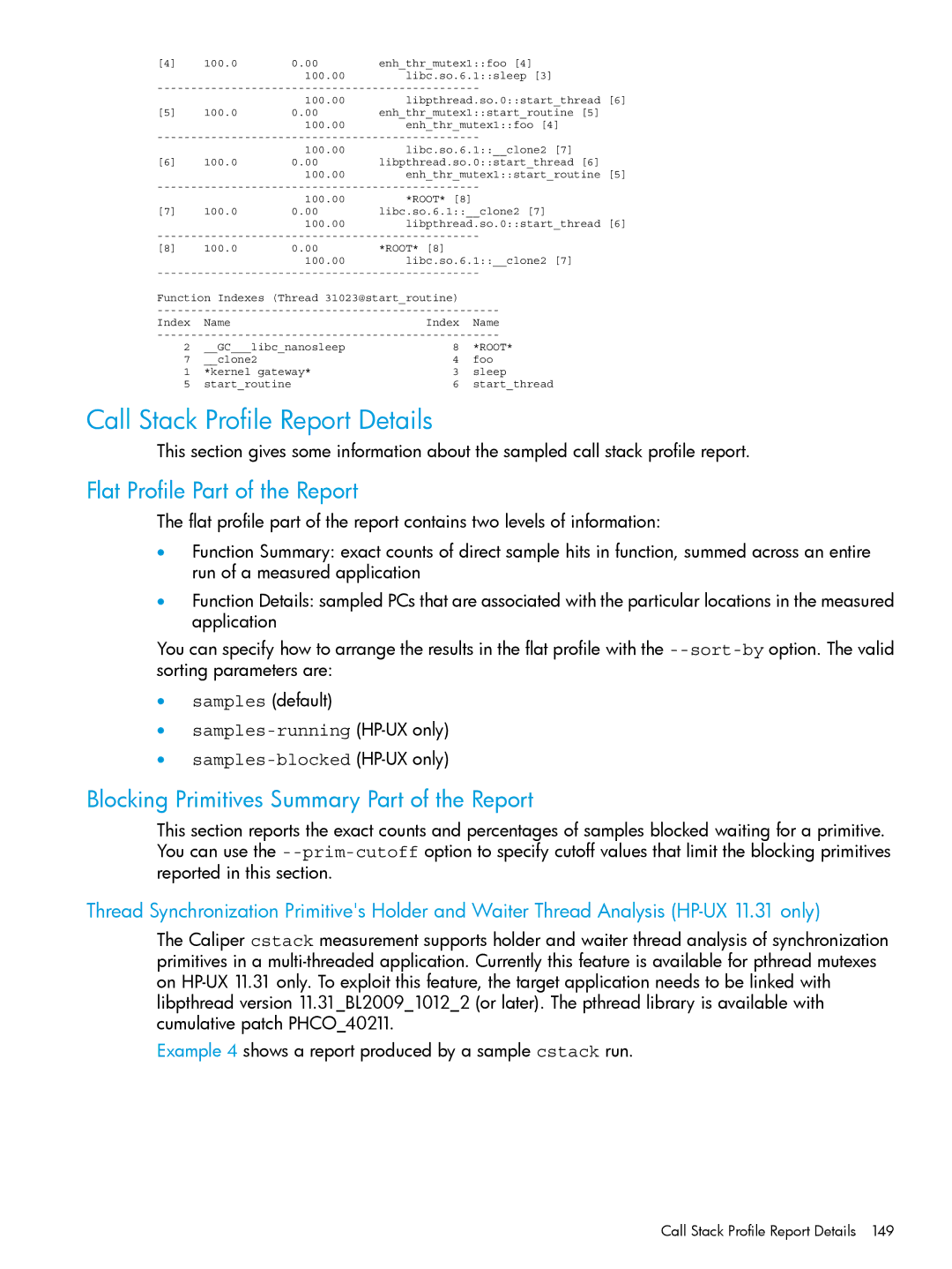 HP UX IPFilter Software manual Call Stack Profile Report Details, Blocking Primitives Summary Part of the Report 