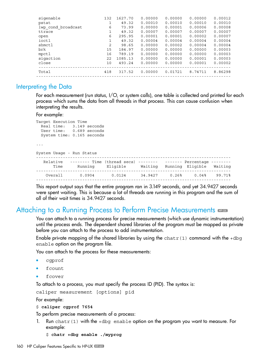 HP UX IPFilter Software manual Interpreting the Data, Caliper measurement options pid 