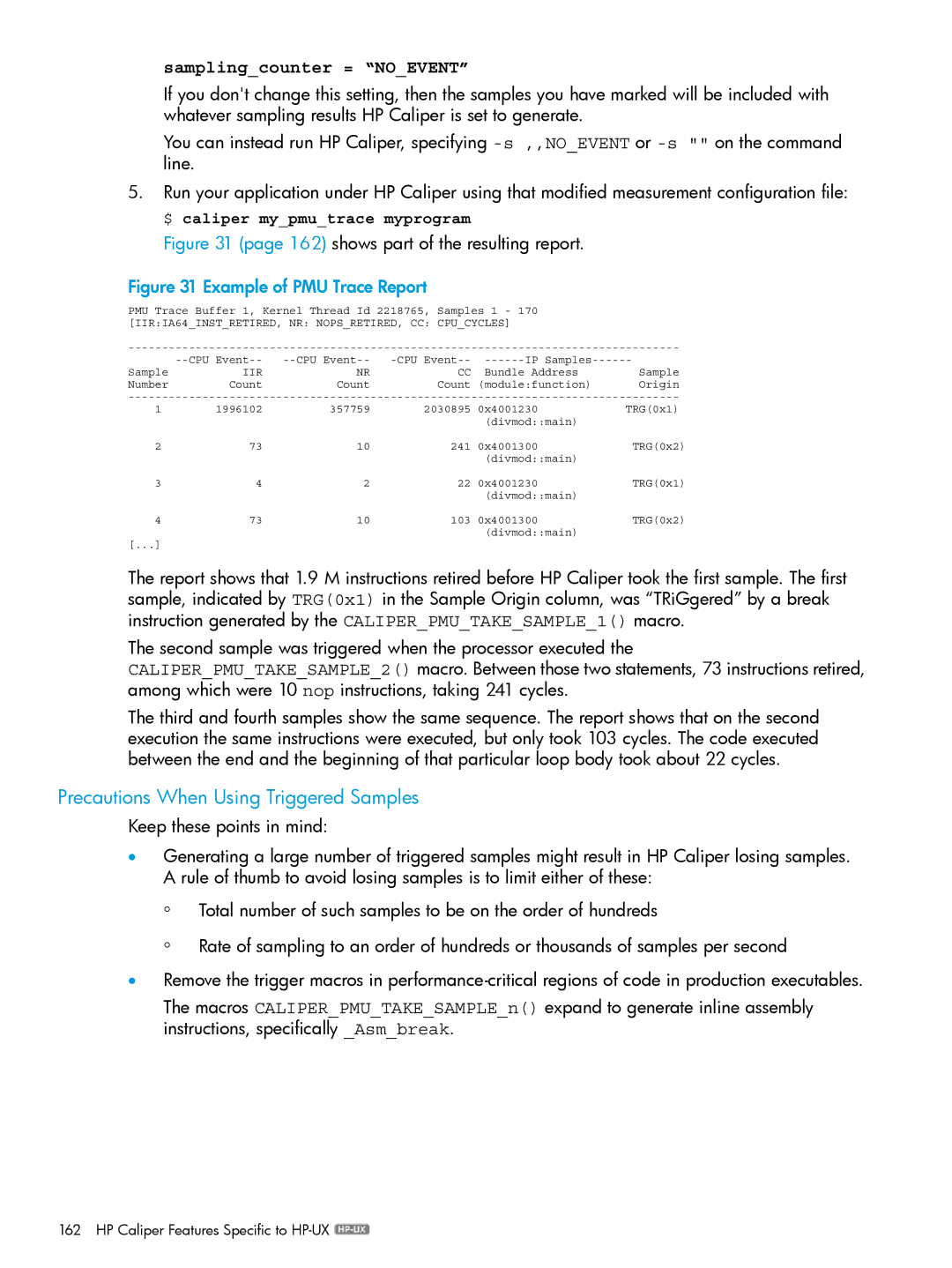 HP UX IPFilter Software manual Precautions When Using Triggered Samples, shows part of the resulting report 