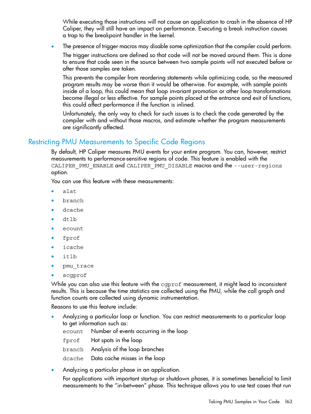 HP UX IPFilter Software manual Restricting PMU Measurements to Specific Code Regions 