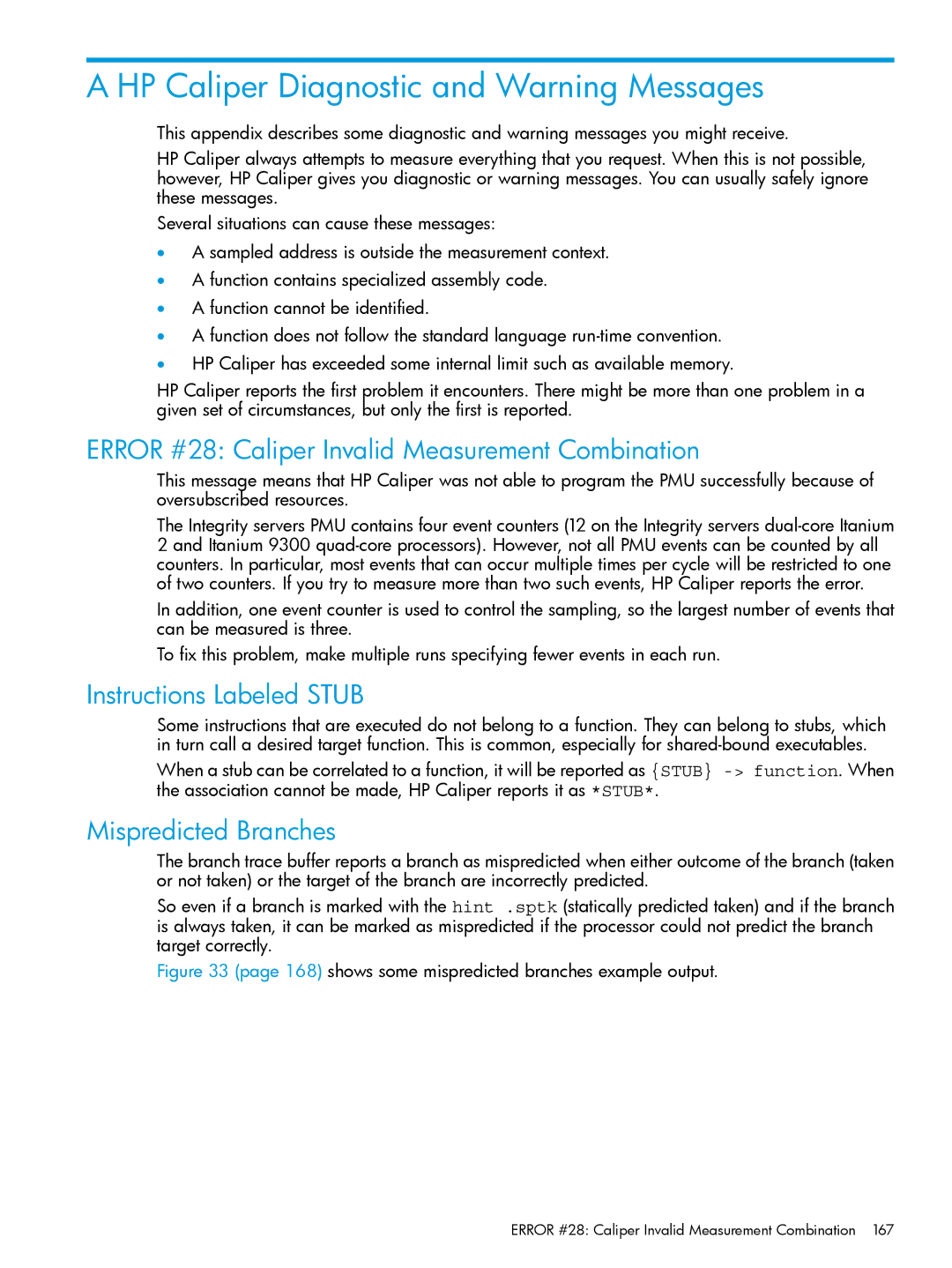 HP UX IPFilter Software HP Caliper Diagnostic and Warning Messages, Error #28 Caliper Invalid Measurement Combination 