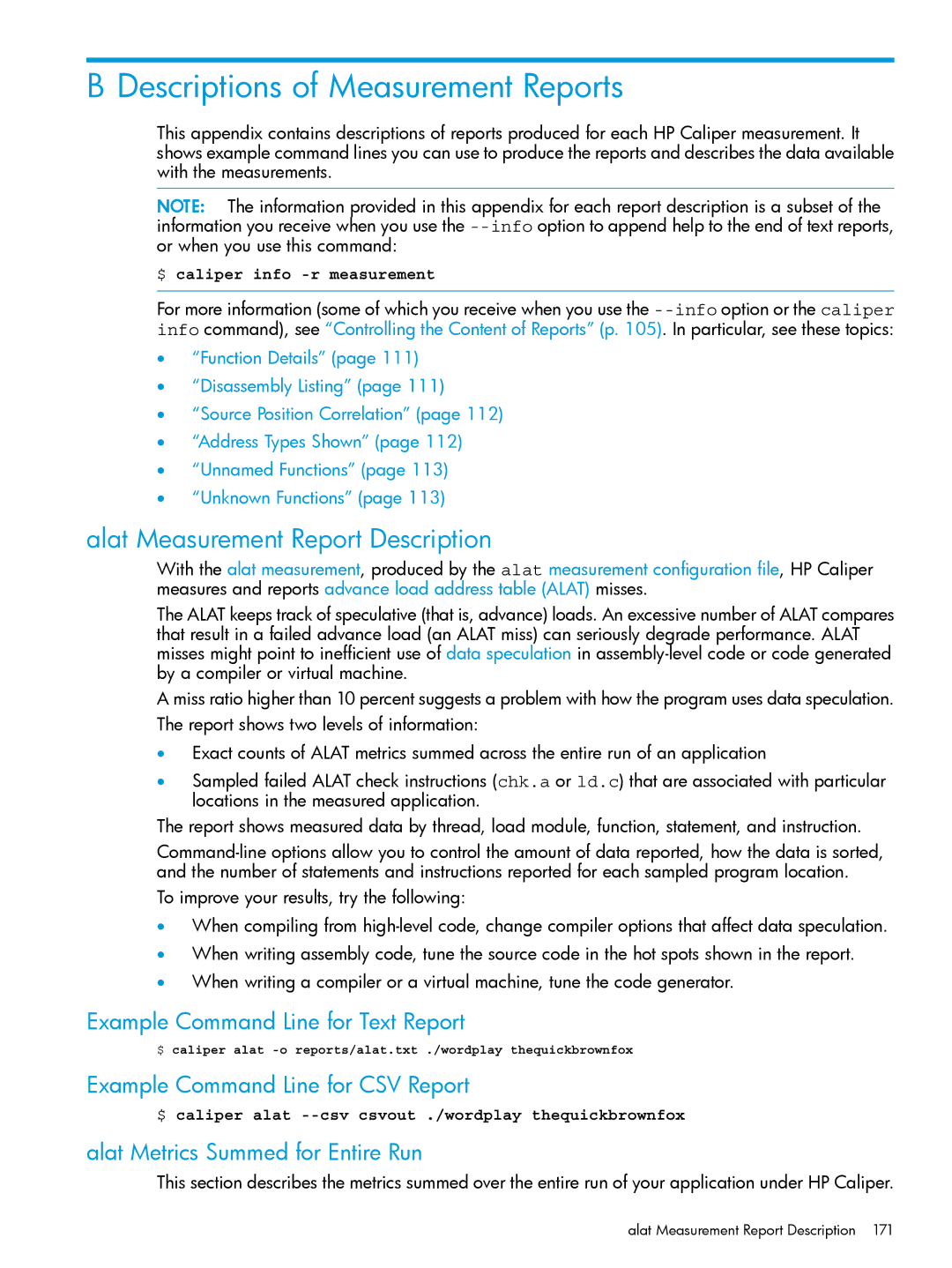 HP UX IPFilter Software manual Descriptions of Measurement Reports, Alat Measurement Report Description 