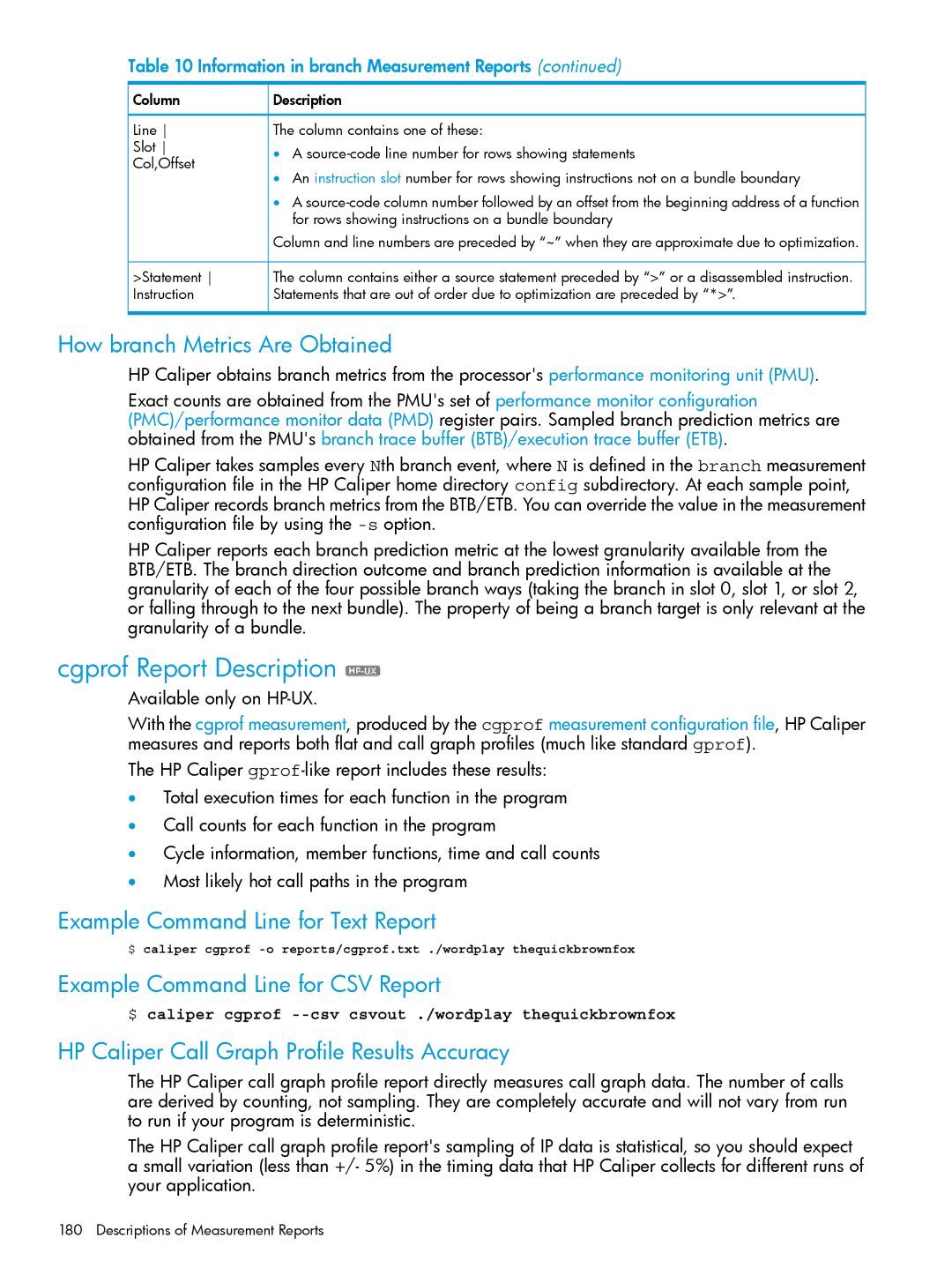 HP UX IPFilter Software manual Cgprof Report Description, How branch Metrics Are Obtained, Available only on HP-UX 