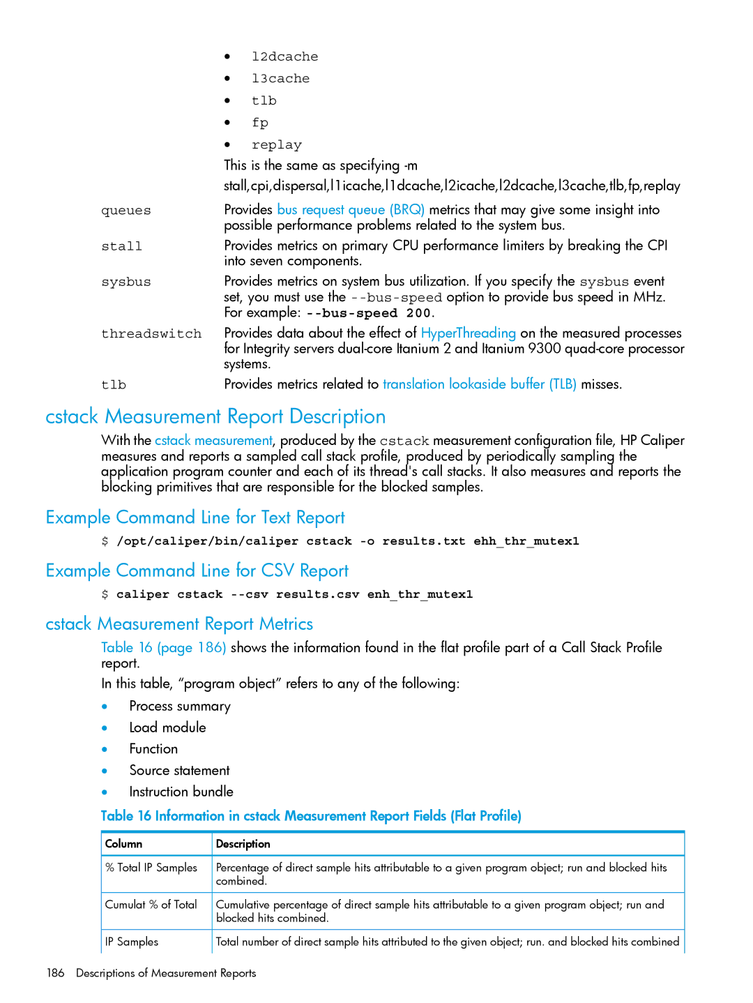 HP UX IPFilter Software manual Cstack Measurement Report Description, Cstack Measurement Report Metrics 