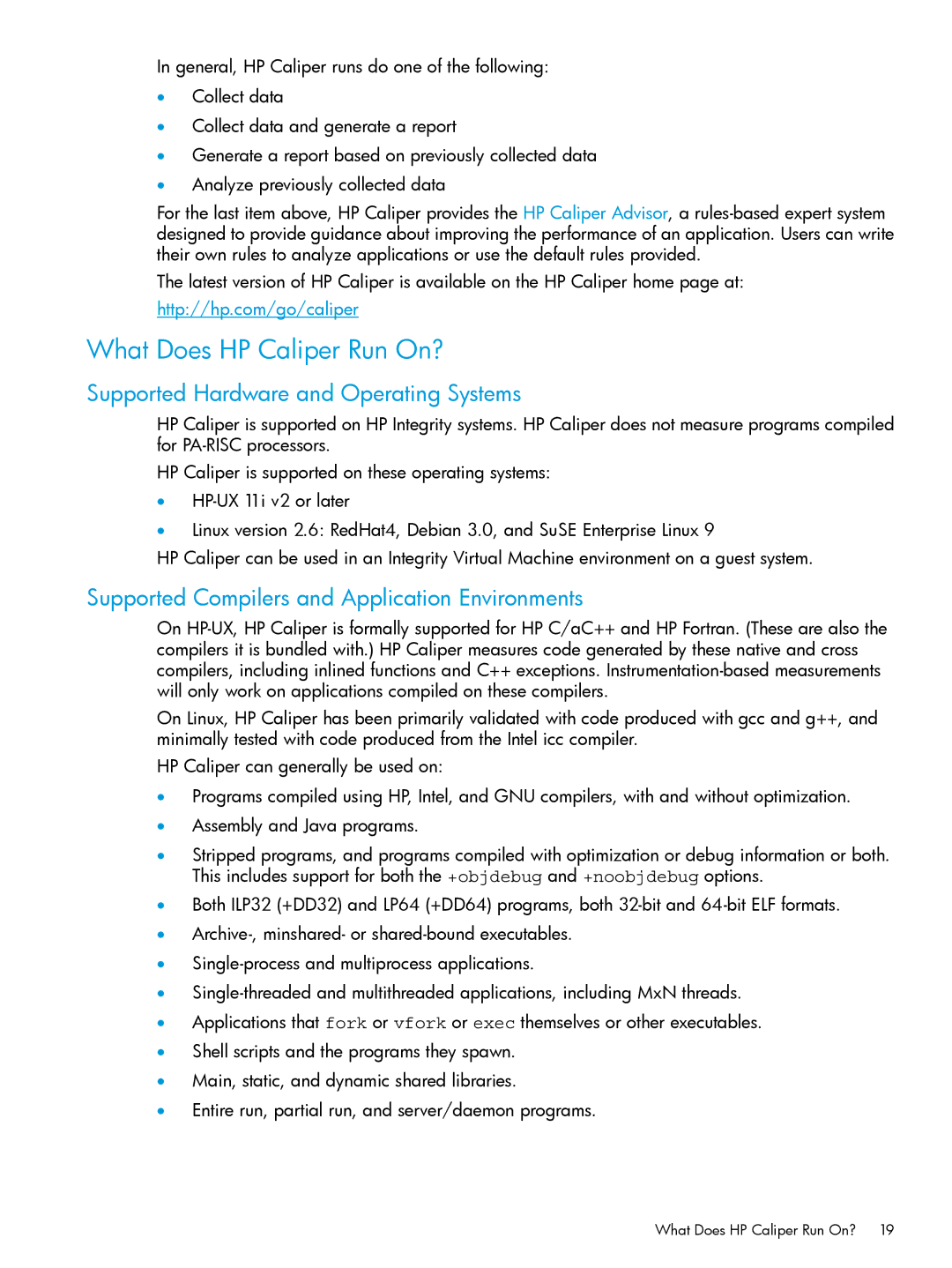 HP UX IPFilter Software manual What Does HP Caliper Run On?, Supported Hardware and Operating Systems 