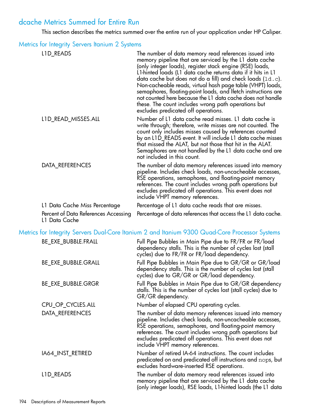 HP UX IPFilter Software manual Dcache Metrics Summed for Entire Run, L1DREADS, L1DREADMISSES.ALL, Datareferences 