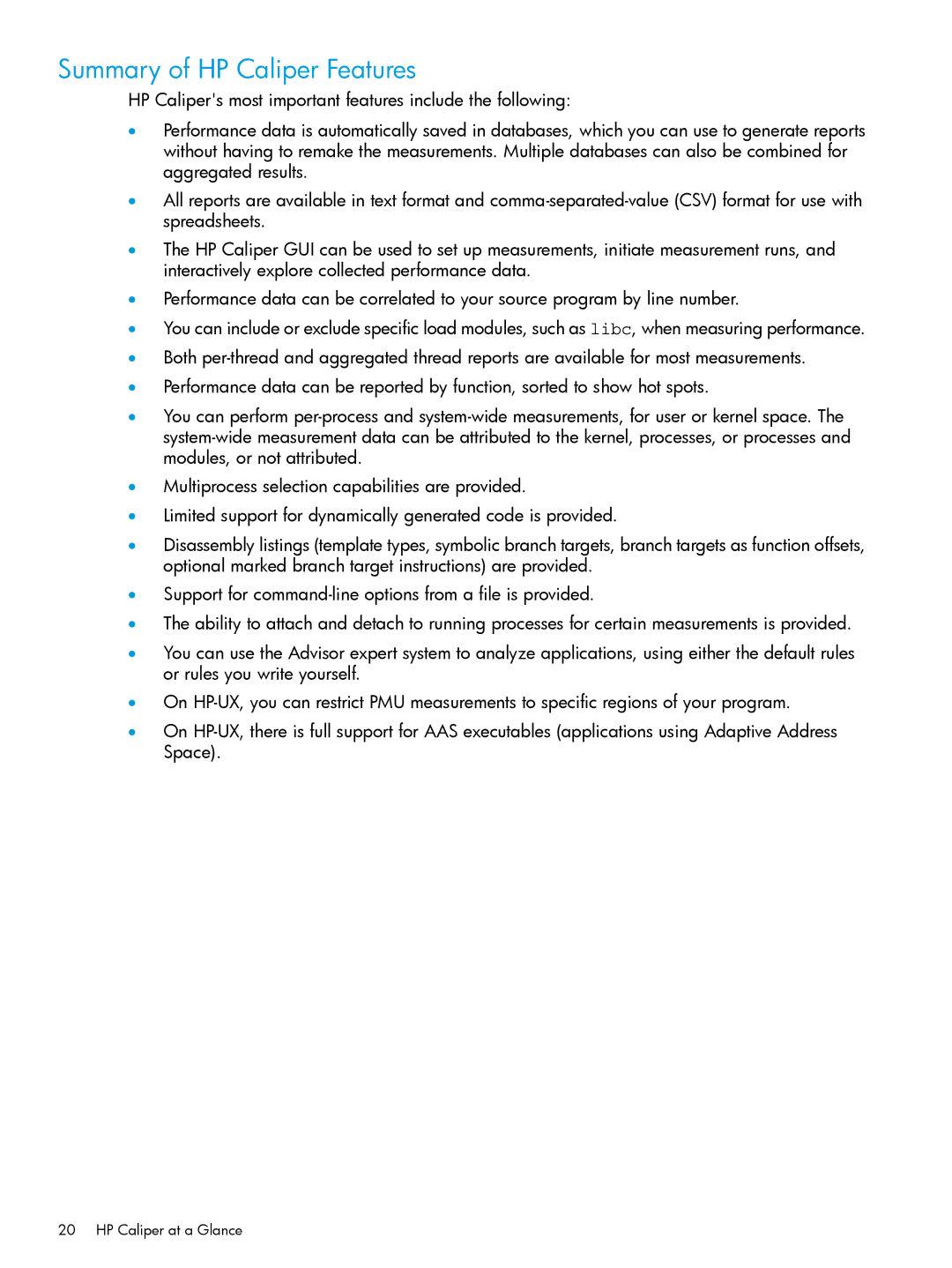 HP UX IPFilter Software manual Summary of HP Caliper Features 