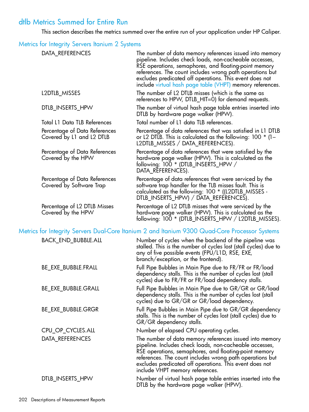 HP UX IPFilter Software manual Dtlb Metrics Summed for Entire Run, Dtlbinsertshpw, L2DTLBMISSES / Datareferences 