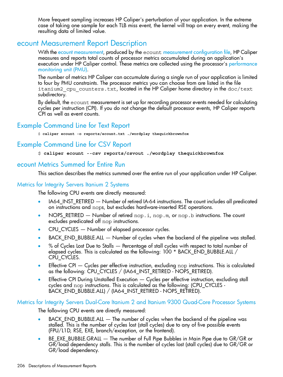 HP UX IPFilter Software manual Ecount Measurement Report Description, Ecount Metrics Summed for Entire Run, Cpucycles 