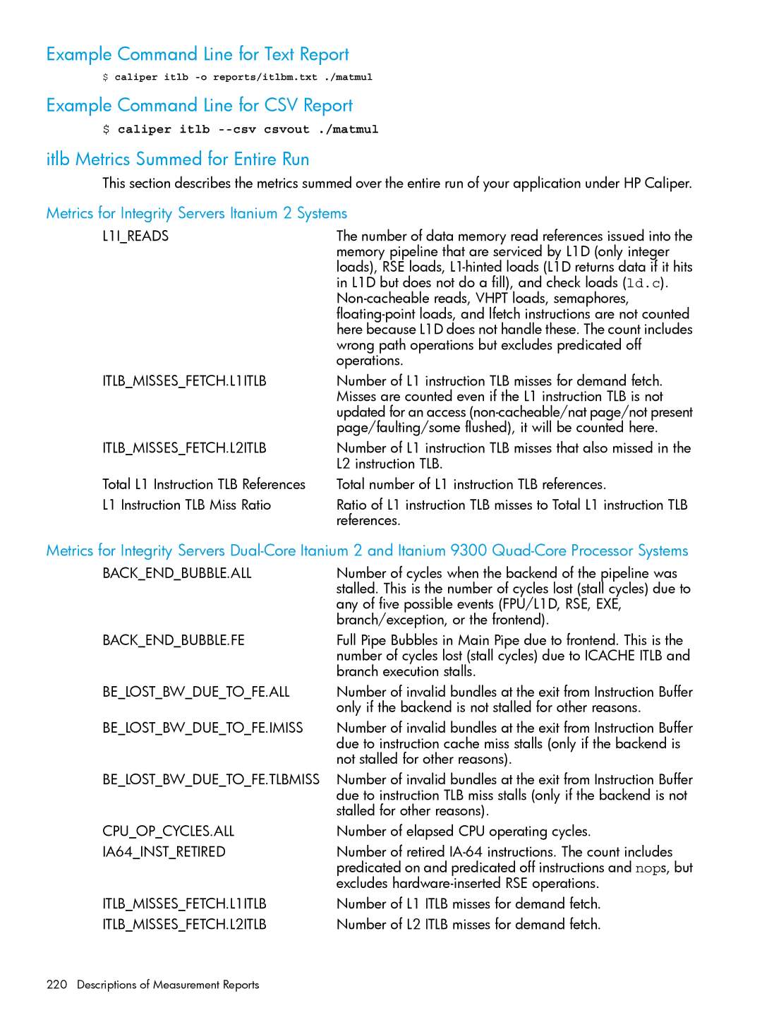 HP UX IPFilter Software manual Itlb Metrics Summed for Entire Run, ITLBMISSESFETCH.L1ITLB, ITLBMISSESFETCH.L2ITLB 