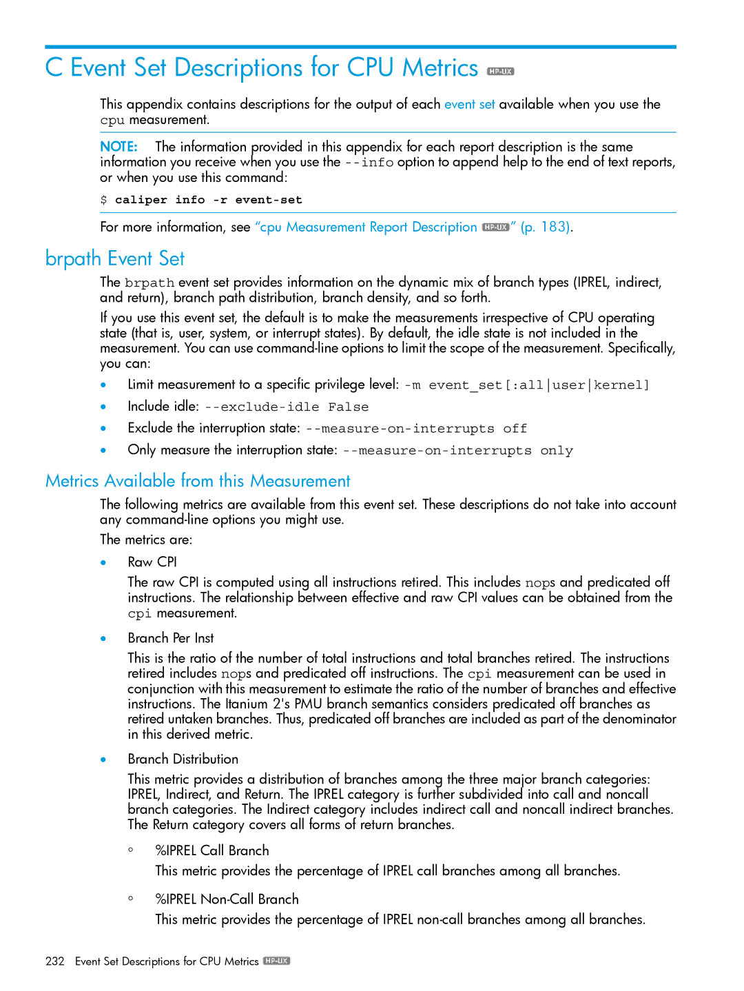 HP UX IPFilter Software Event Set Descriptions for CPU Metrics, Brpath Event Set, Metrics Available from this Measurement 