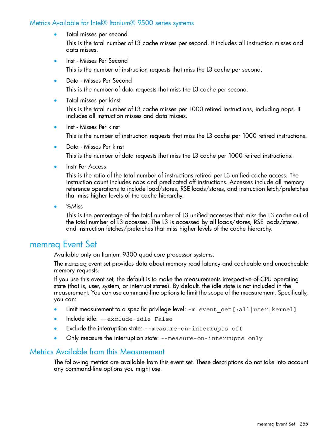 HP UX IPFilter Software manual Memreq Event Set, Metrics Available for Intel Itanium 9500 series systems 