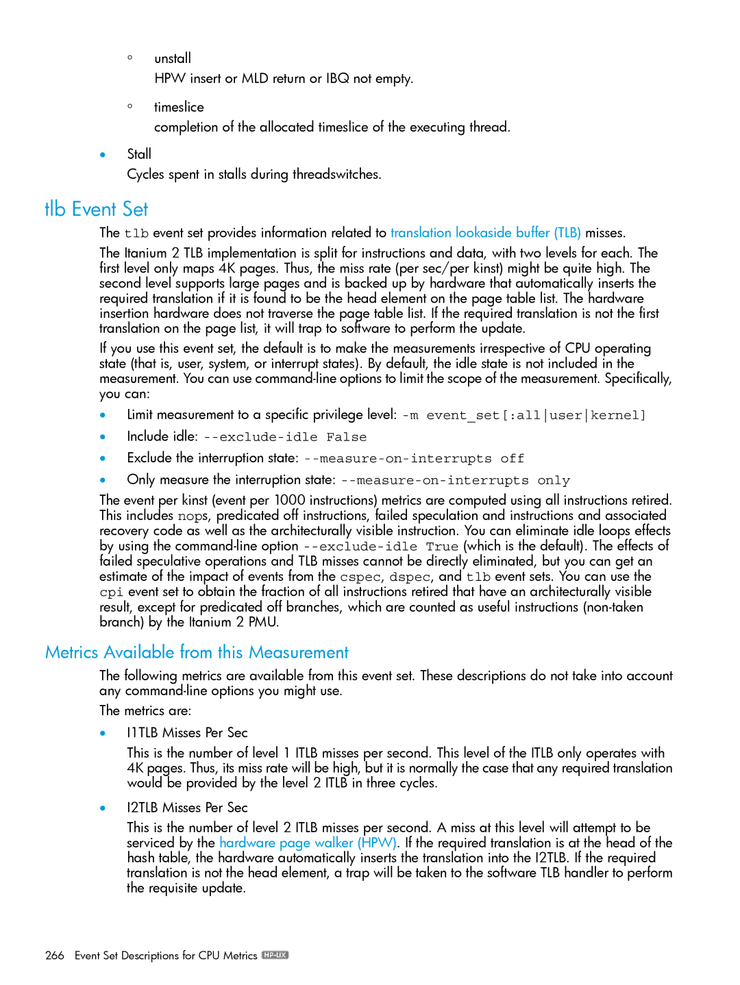 HP UX IPFilter Software manual Tlb Event Set, Metrics Available from this Measurement 