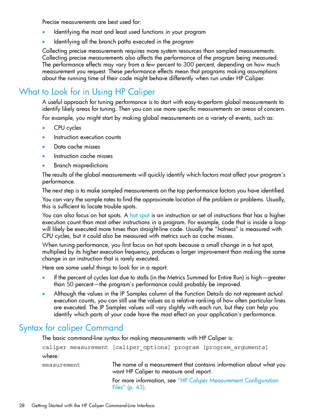 HP UX IPFilter Software manual What to Look for in Using HP Caliper, Syntax for caliper Command, Measurement, Files p 