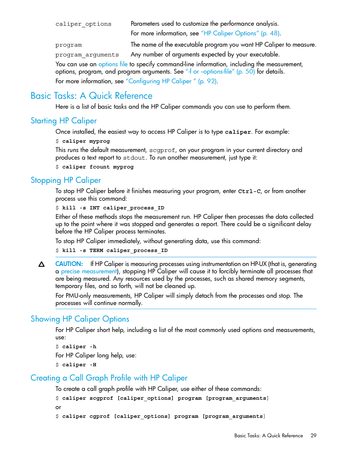 HP UX IPFilter Software manual Basic Tasks a Quick Reference, Starting HP Caliper, Stopping HP Caliper 