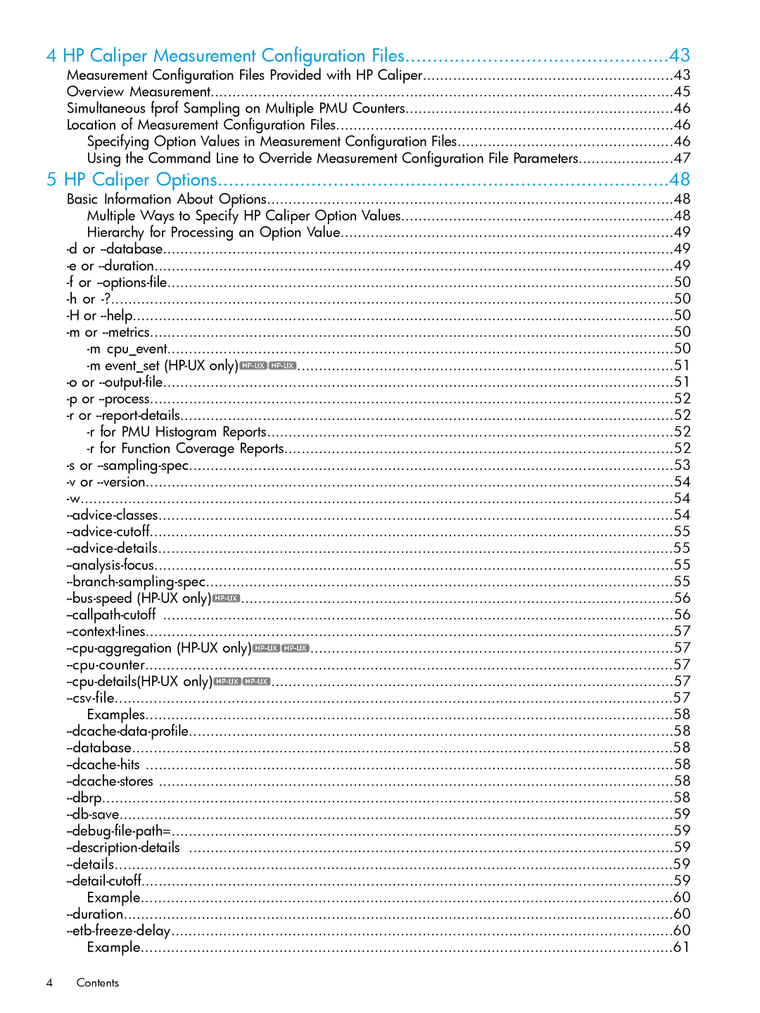 HP UX IPFilter Software manual HP Caliper Measurement Configuration Files, HP Caliper Options 