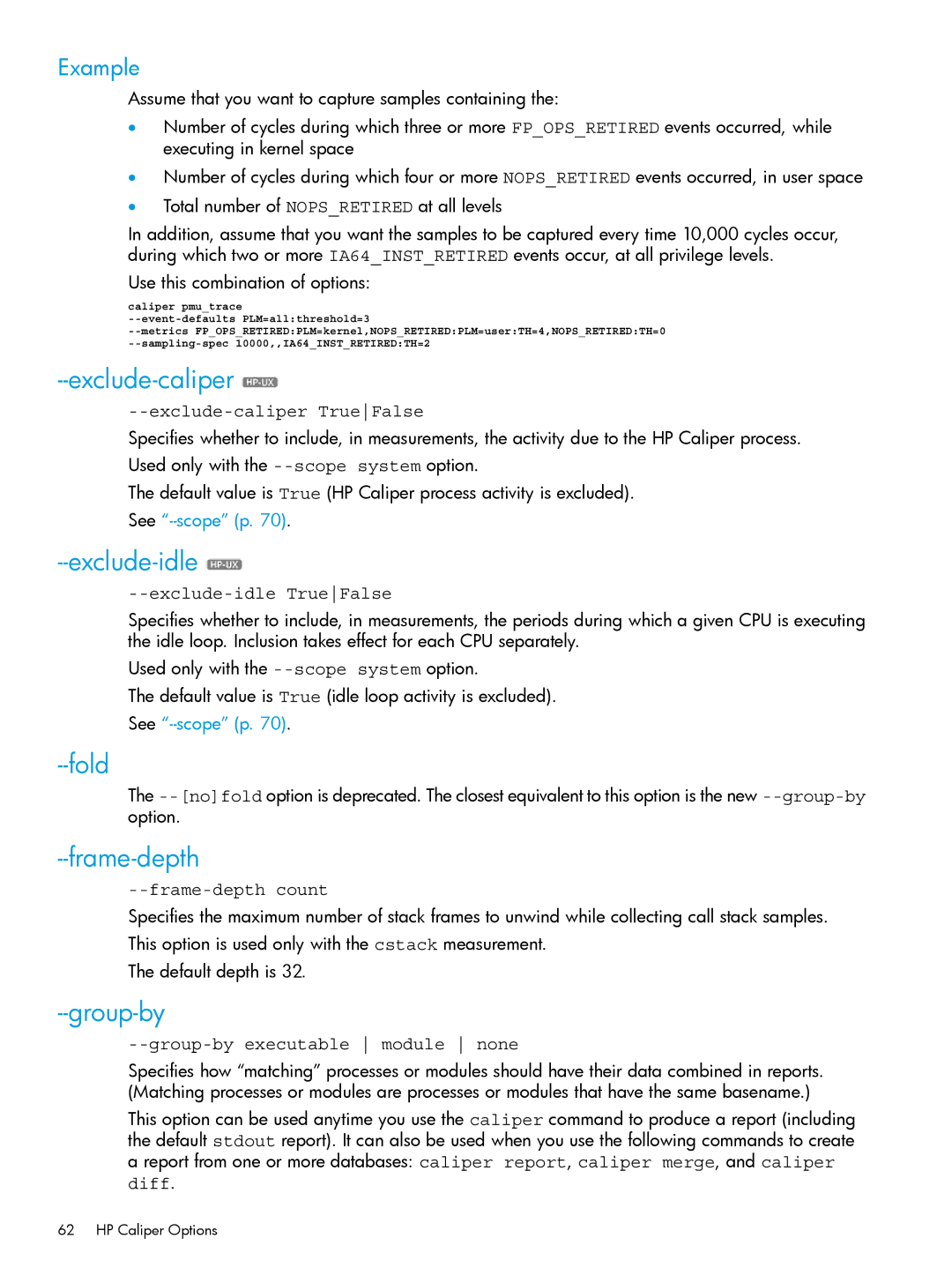HP UX IPFilter Software manual Exclude-caliper, Exclude-idle, Fold, Frame-depth, Group-by 