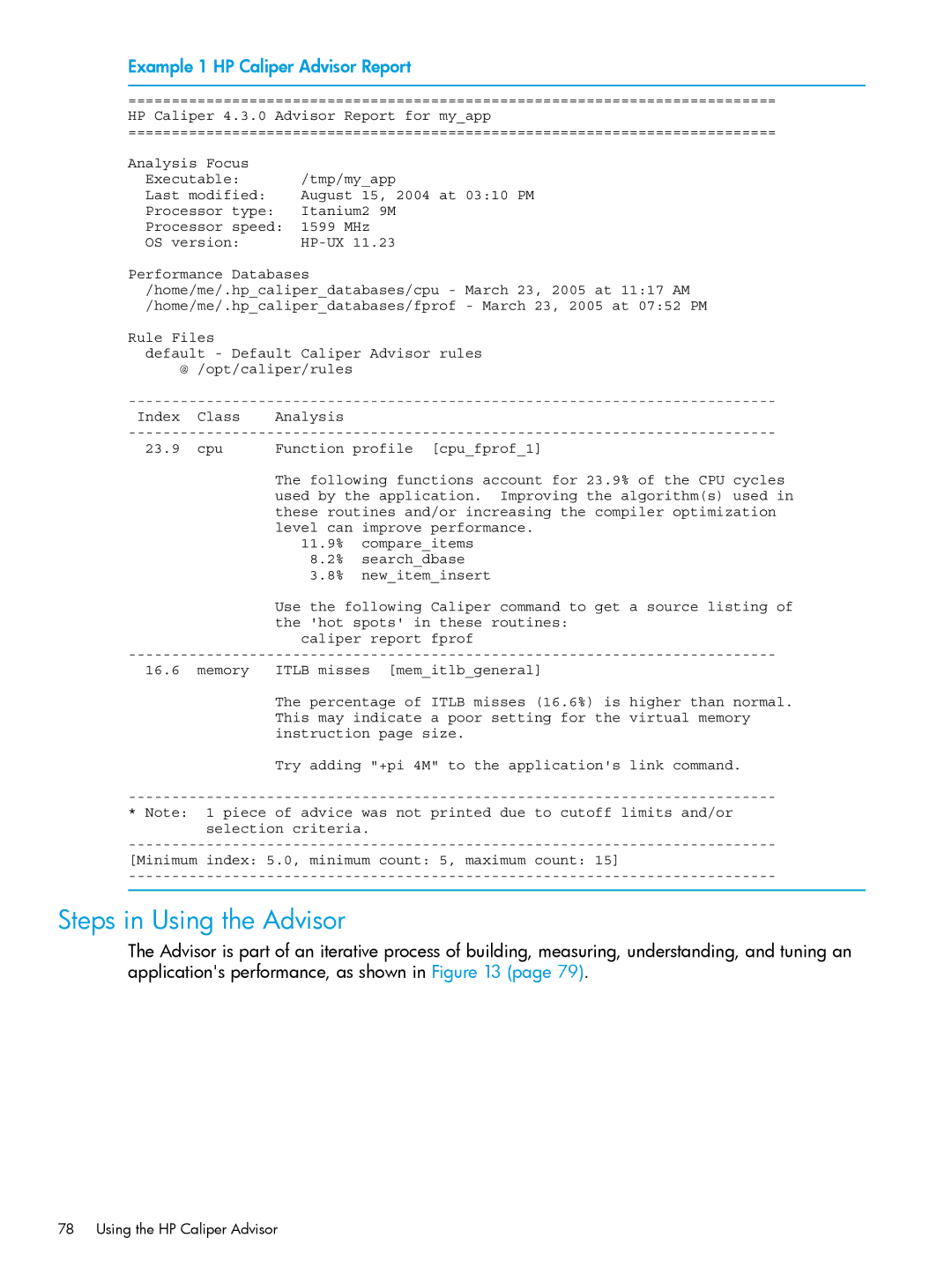 HP UX IPFilter Software Steps in Using the Advisor, Example 1 HP Caliper Advisor Report, Using the HP Caliper Advisor 