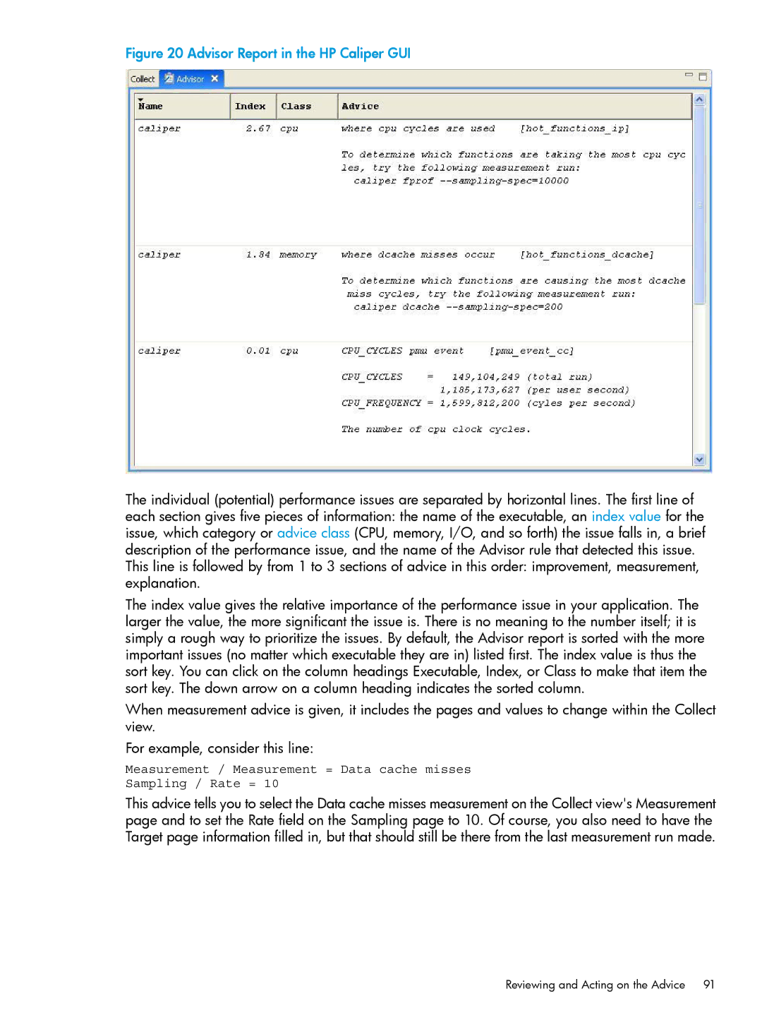 HP UX IPFilter Software manual Advisor Report in the HP Caliper GUI, Reviewing and Acting on the Advice 