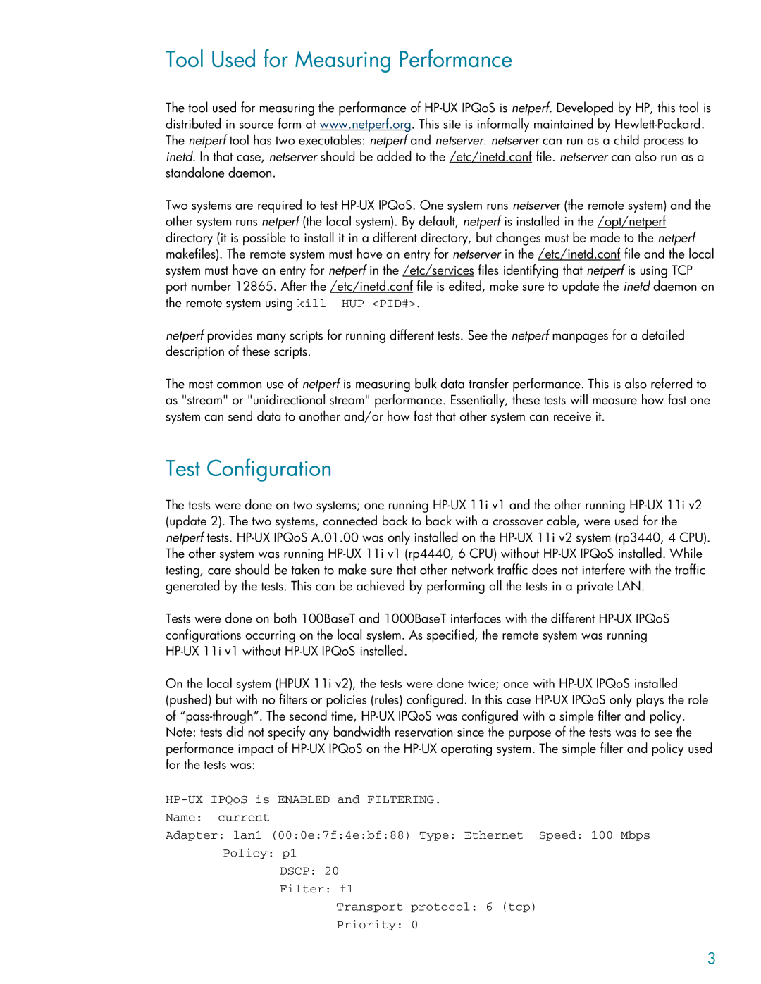 HP UX IPQos Software manual Tool Used for Measuring Performance, Test Configuration 