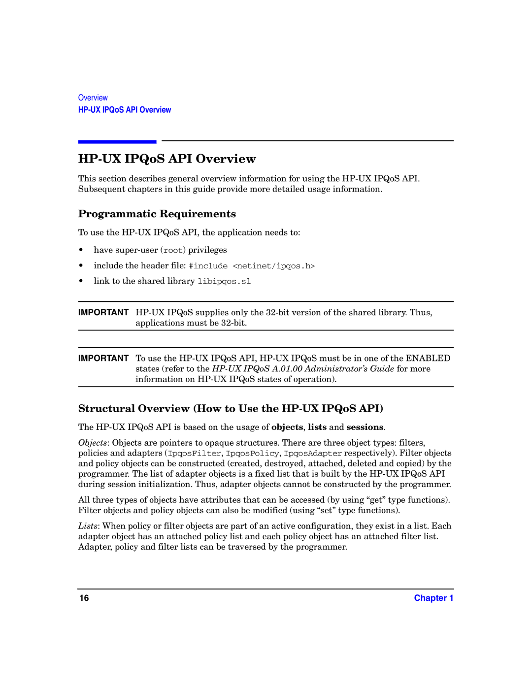 HP UX IPQos Software manual HP-UX IPQoS API Overview, Programmatic Requirements 