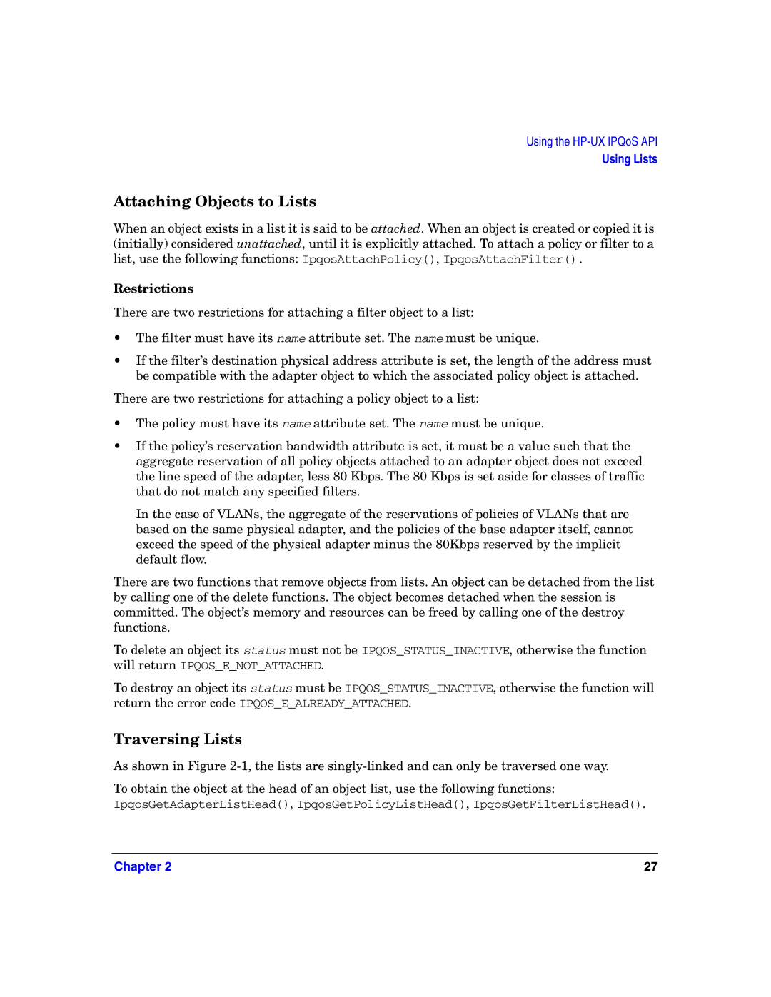HP UX IPQos Software manual Attaching Objects to Lists, Traversing Lists, Restrictions 