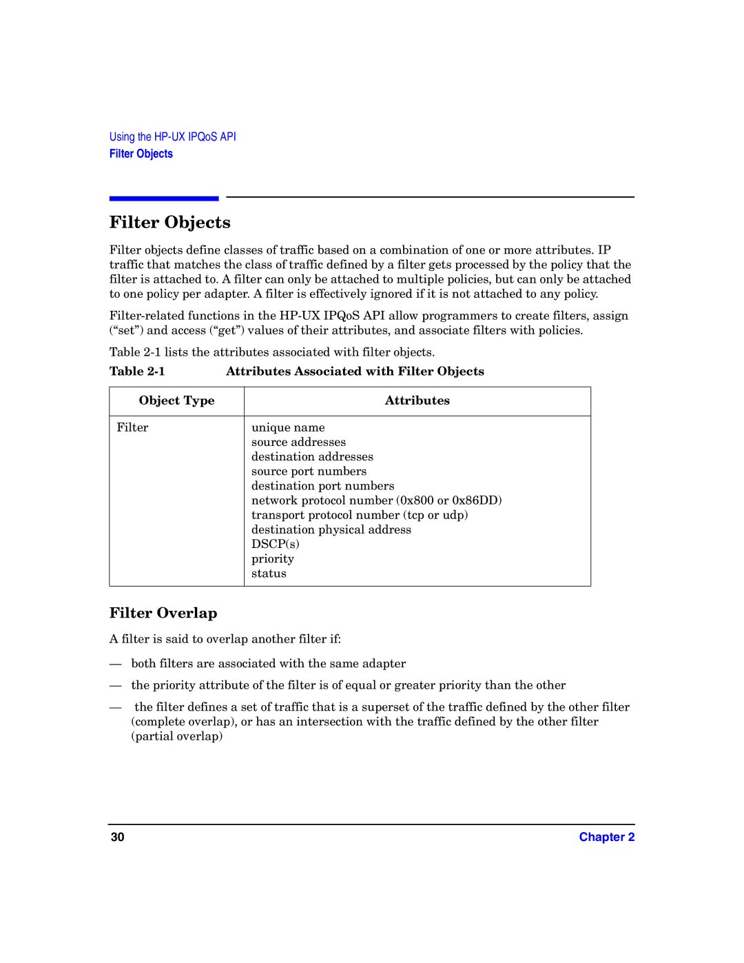 HP UX IPQos Software manual Filter Overlap, Attributes Associated with Filter Objects, Object Type Attributes 