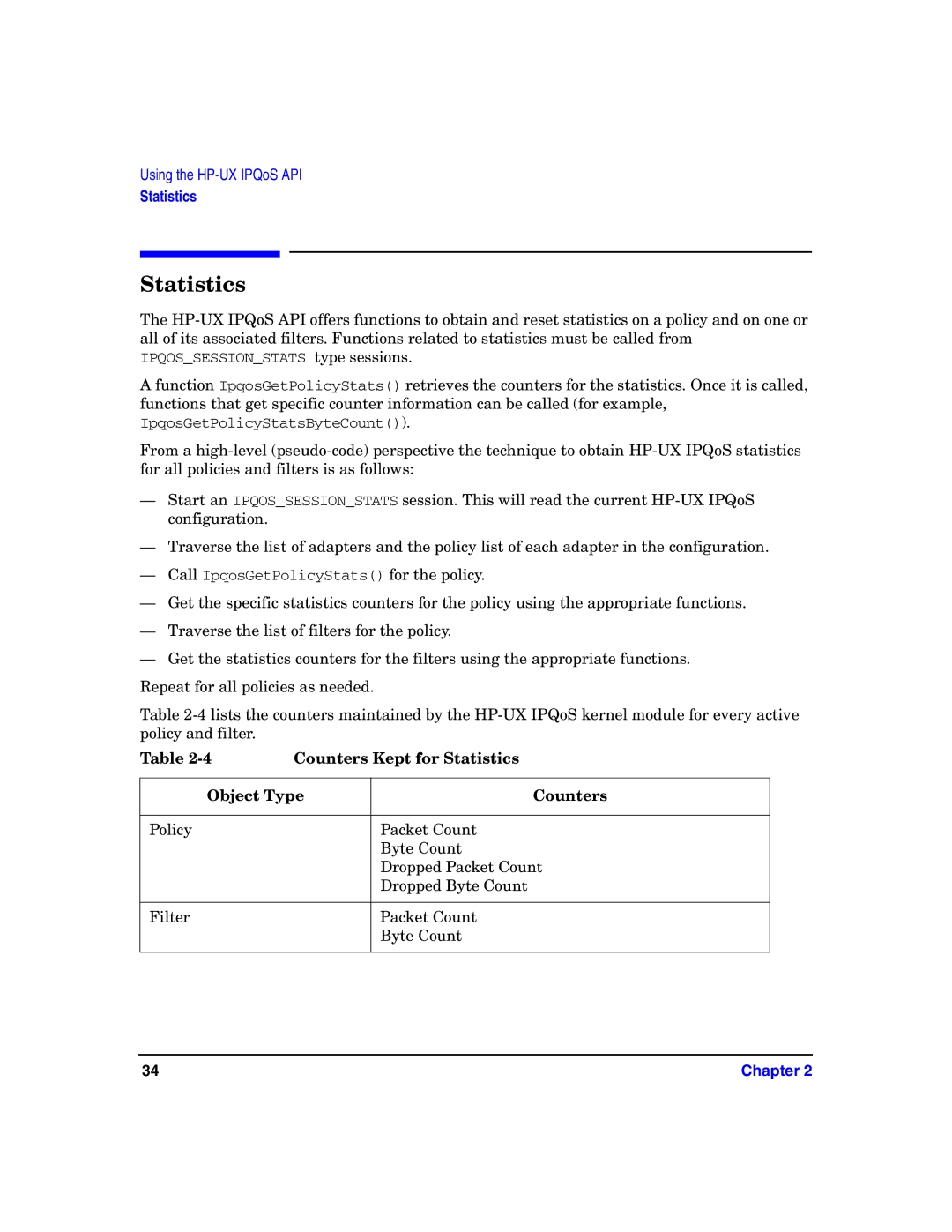 HP UX IPQos Software manual Counters Kept for Statistics, Object Type Counters 