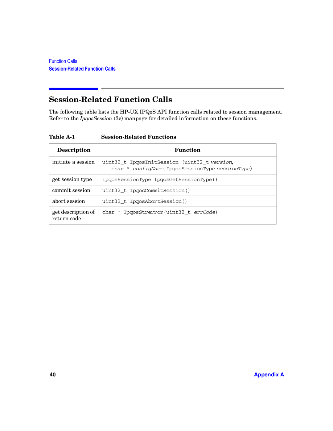 HP UX IPQos Software manual Session-Related Function Calls, Table A-1 Session-Related Functions Description 