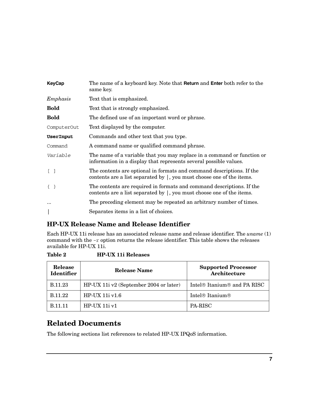 HP UX IPQos Software manual Related Documents, HP-UX Release Name and Release Identifier, Bold 