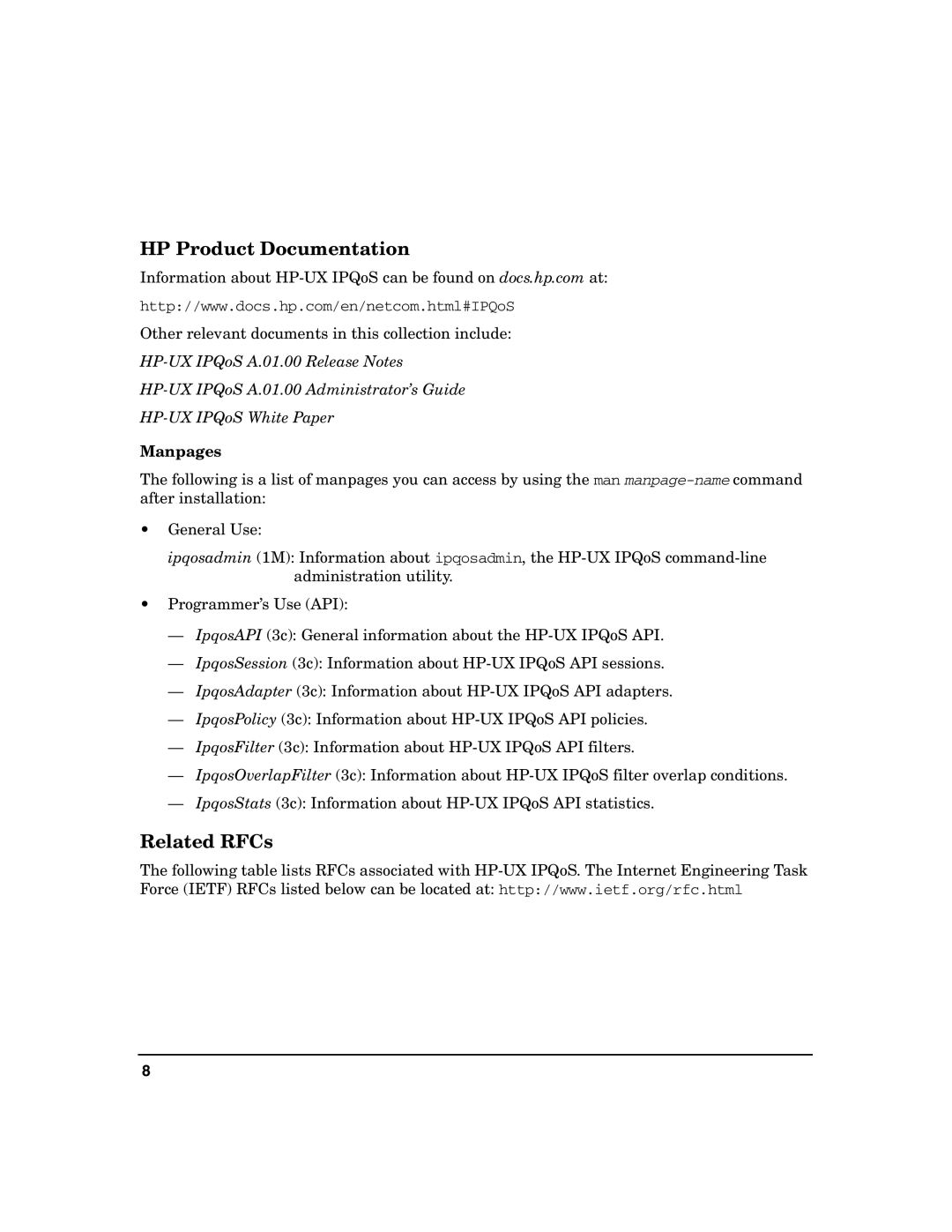 HP UX IPQos Software manual HP Product Documentation, Related RFCs, Manpages 