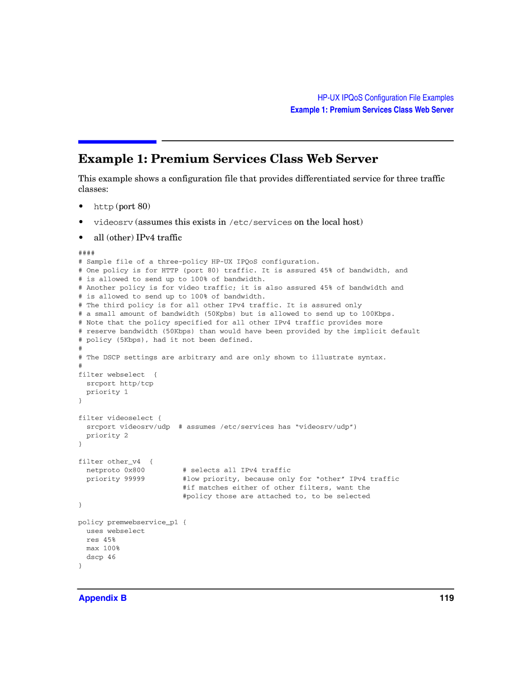 HP UX IPQos Software manual Example 1 Premium Services Class Web Server 