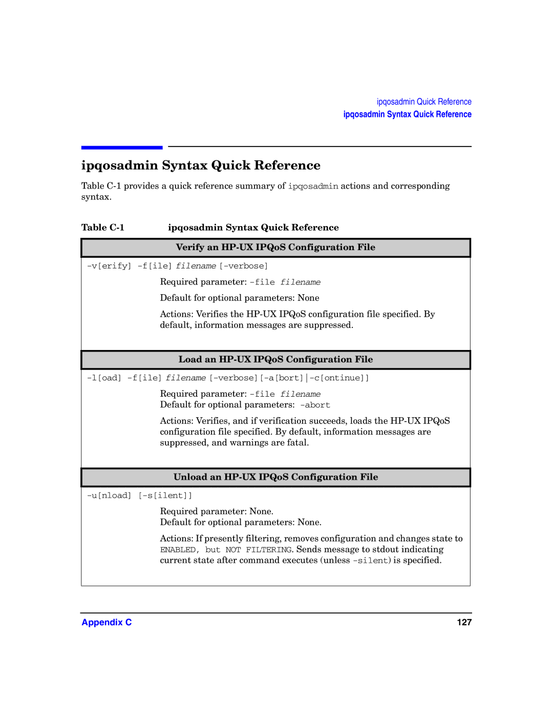 HP UX IPQos Software manual Ipqosadmin Syntax Quick Reference, Load an HP-UX IPQoS Configuration File 