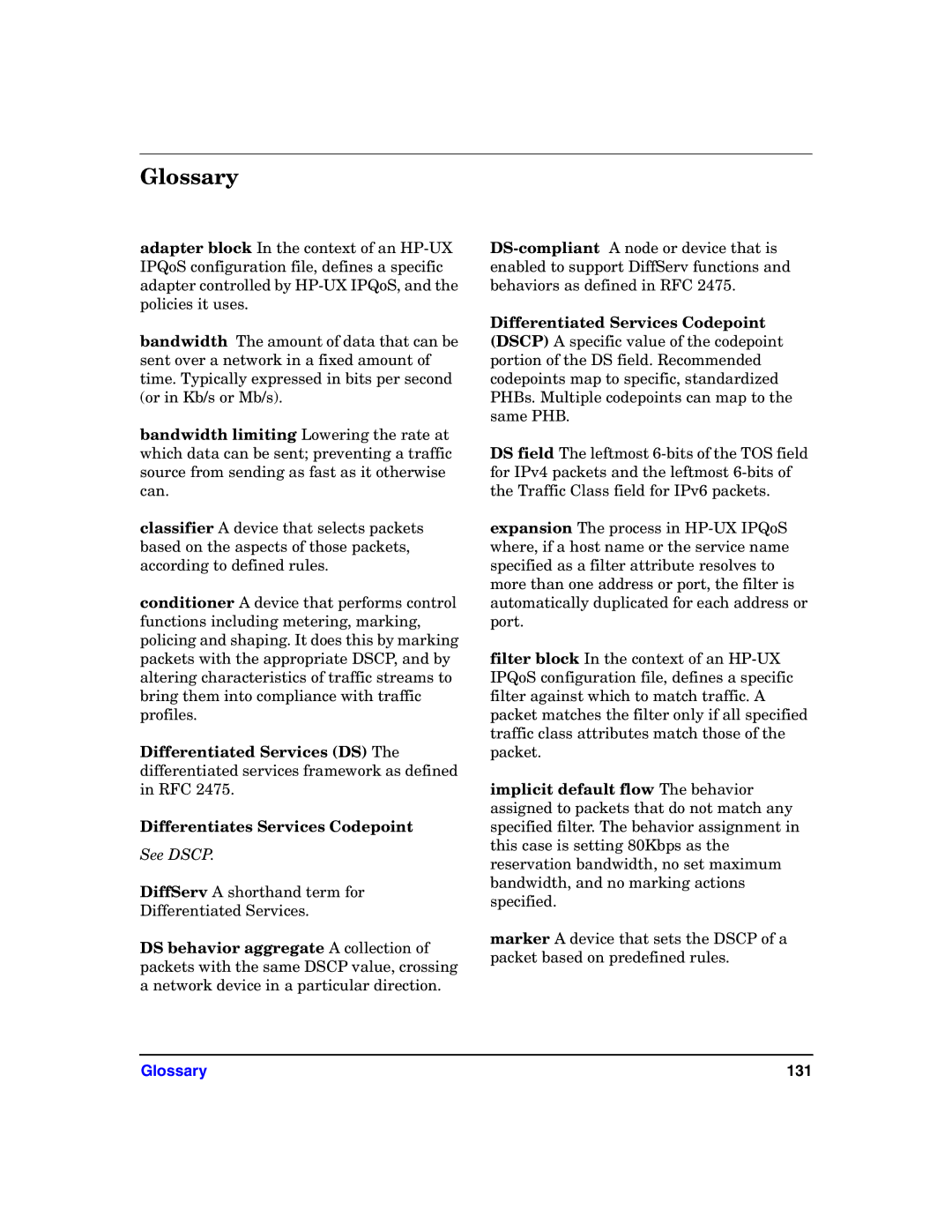 HP UX IPQos Software manual Glossary, See Dscp 