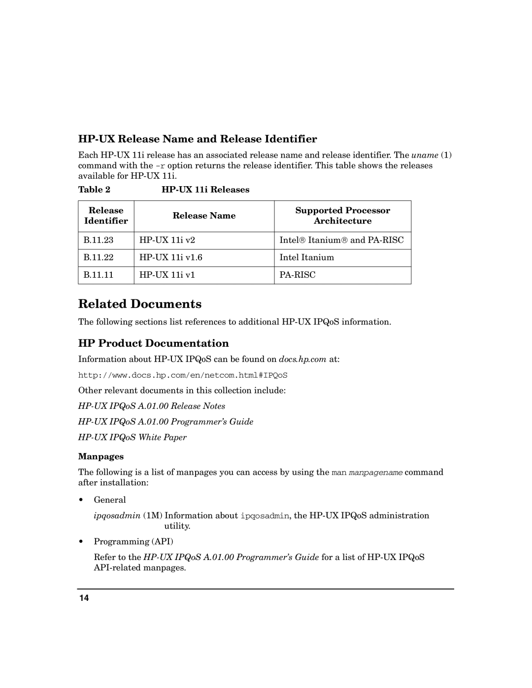 HP UX IPQos Software Related Documents, HP-UX Release Name and Release Identifier, HP Product Documentation, Manpages 