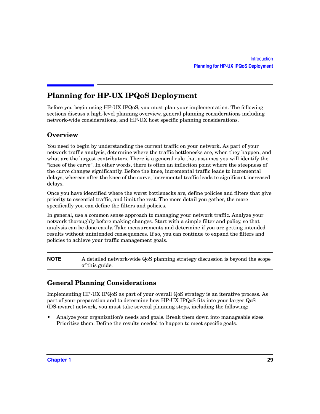 HP UX IPQos Software manual Planning for HP-UX IPQoS Deployment, Overview, General Planning Considerations 