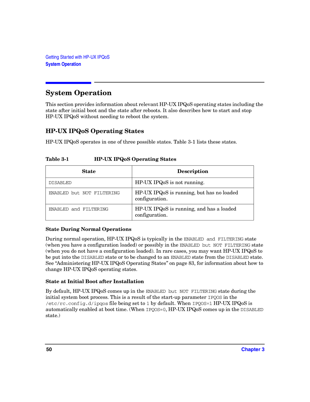 HP UX IPQos Software manual System Operation, HP-UX IPQoS Operating States 