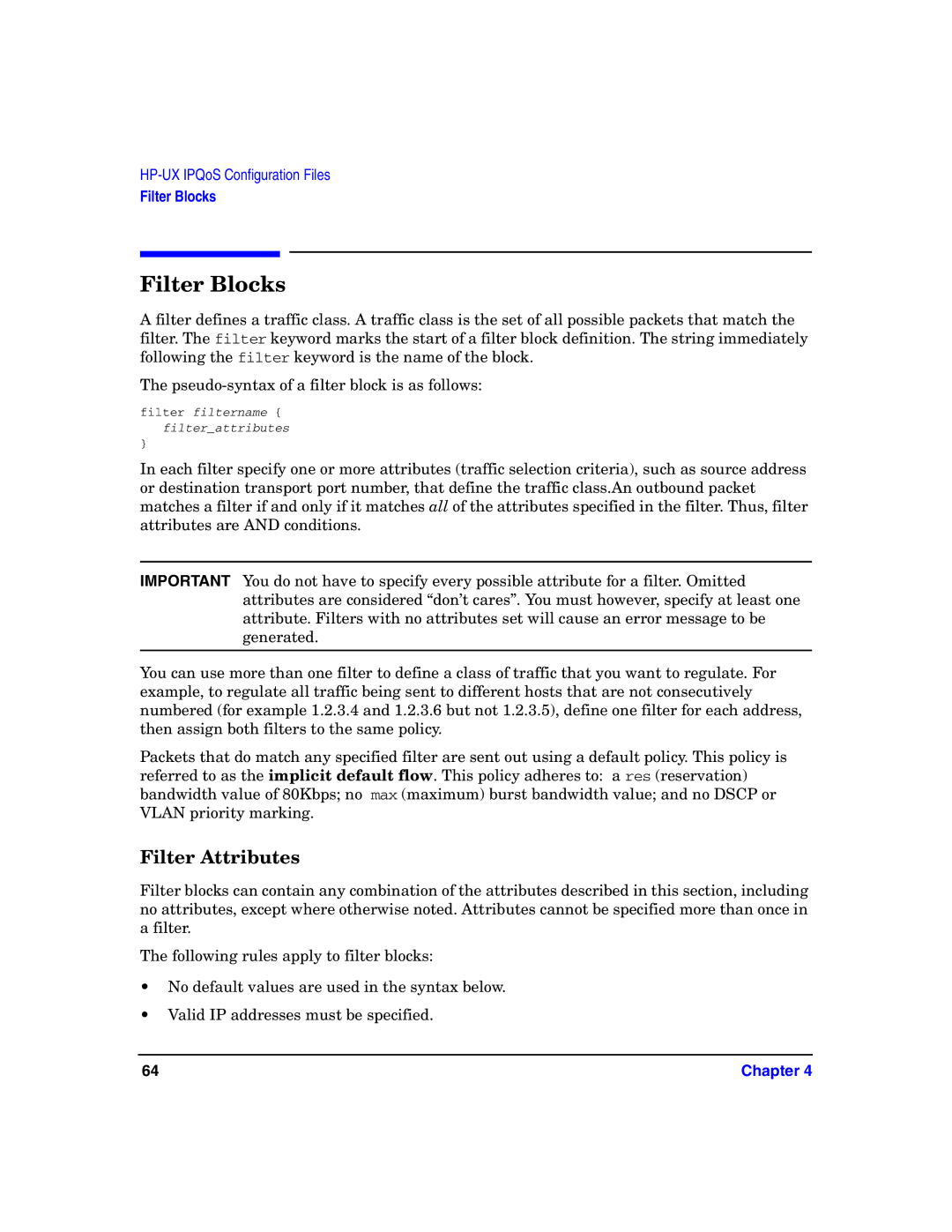 HP UX IPQos Software manual Filter Blocks, Filter Attributes 