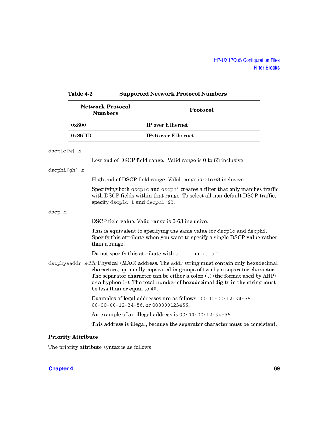 HP UX IPQos Software manual Supported Network Protocol Numbers, Priority Attribute 