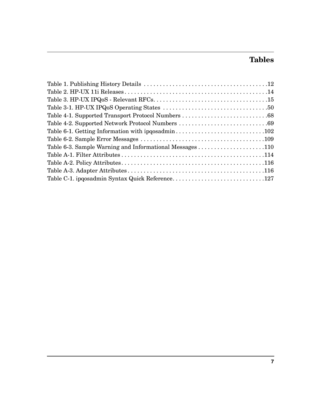 HP UX IPQos Software manual Tables 