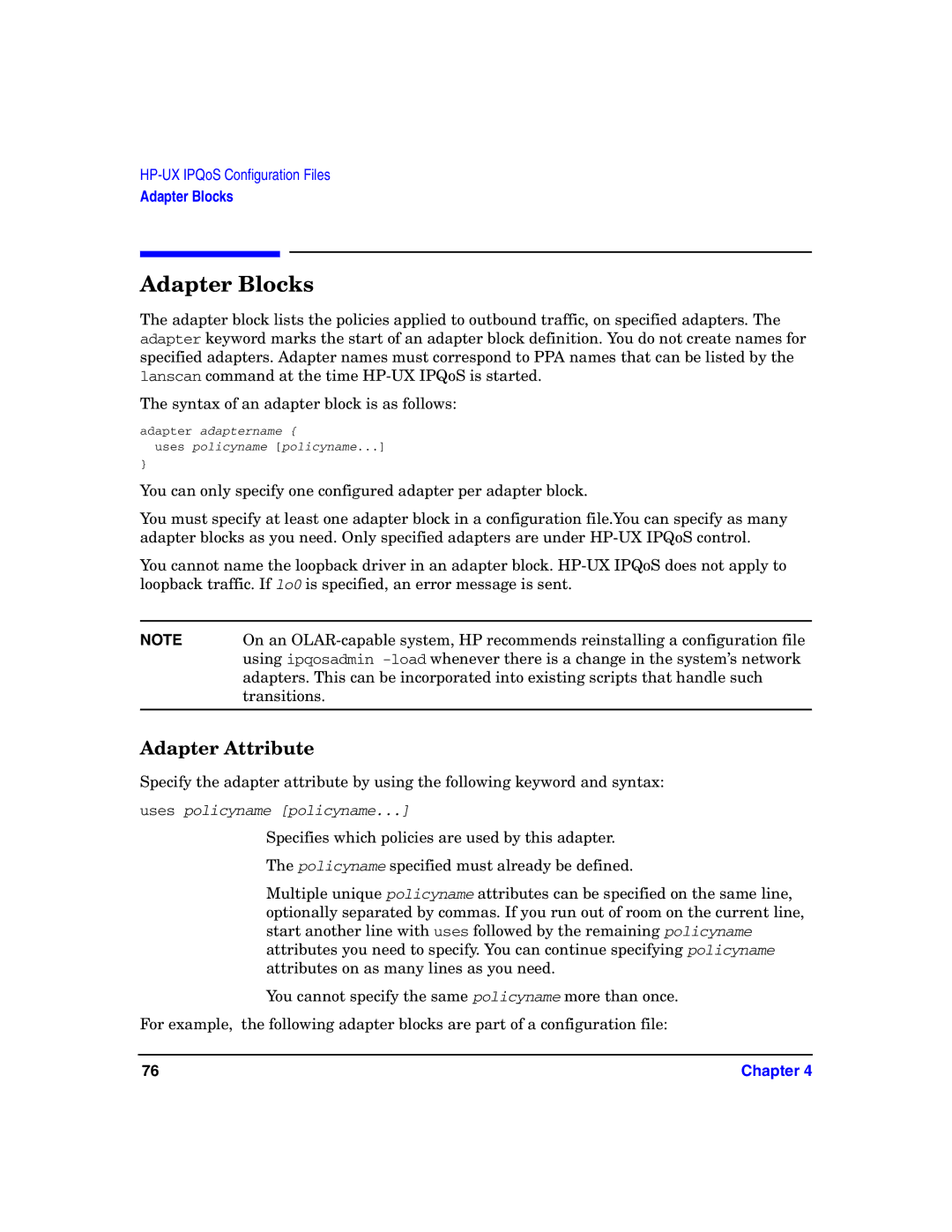 HP UX IPQos Software manual Adapter Blocks, Adapter Attribute 