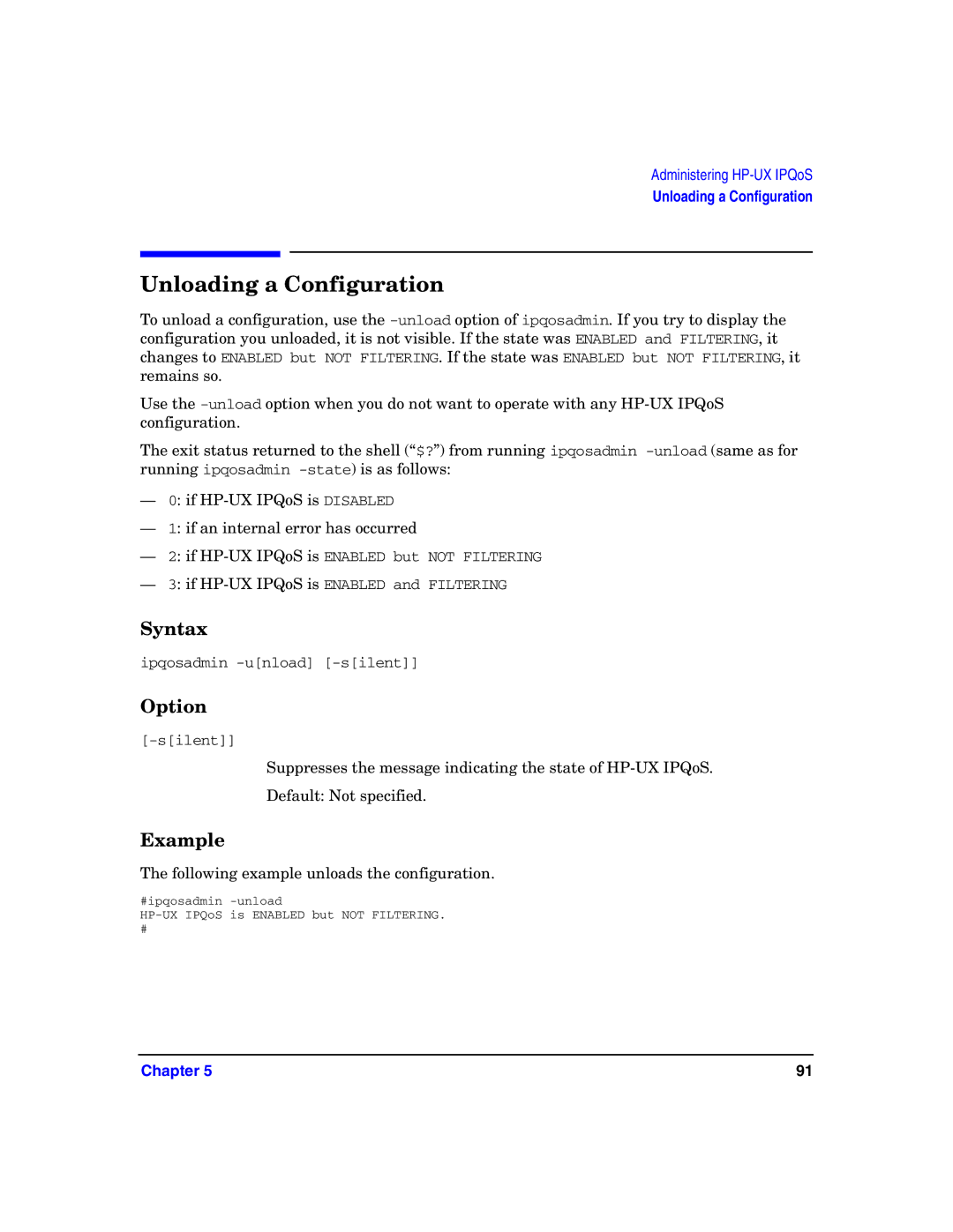 HP UX IPQos Software manual Unloading a Configuration 