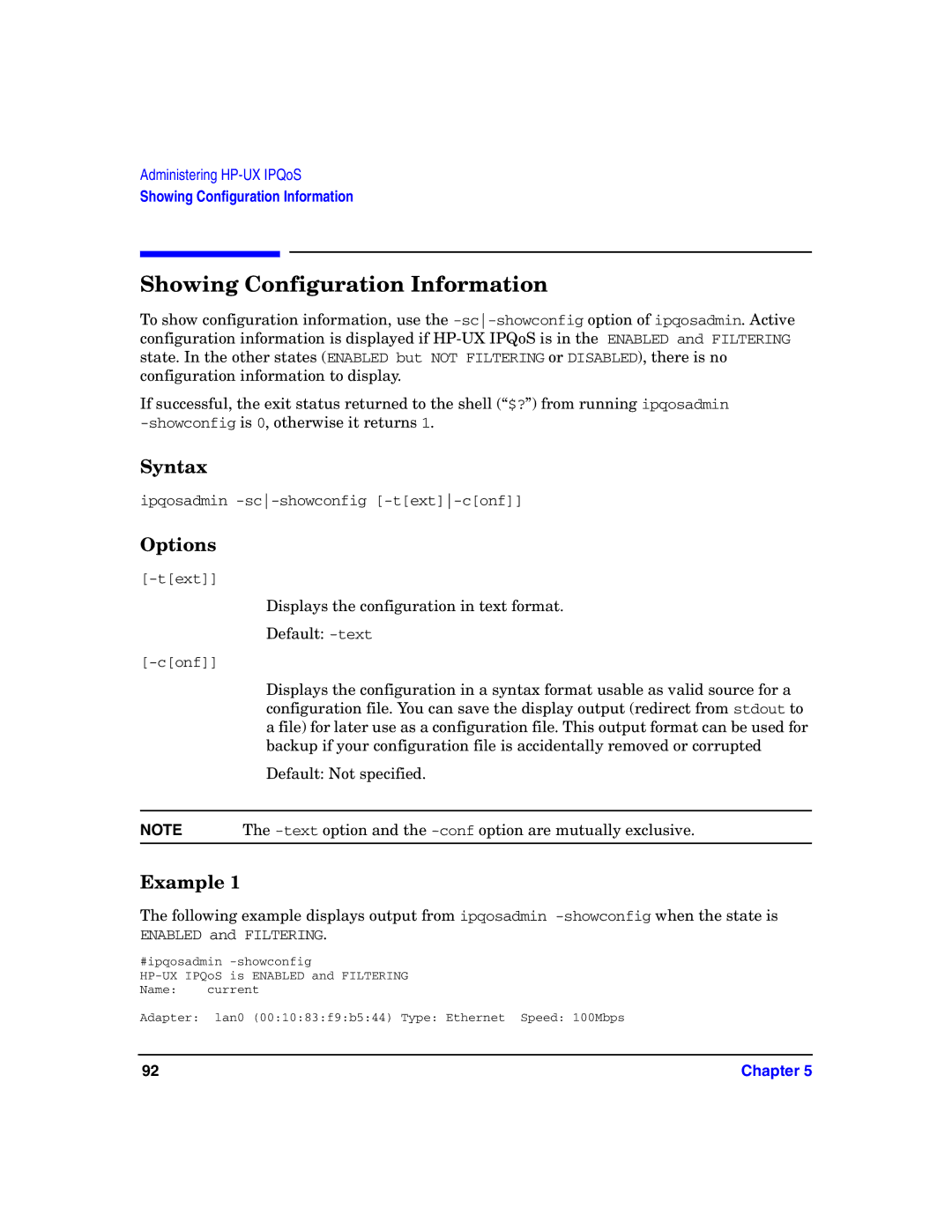 HP UX IPQos Software manual Showing Configuration Information, Options 