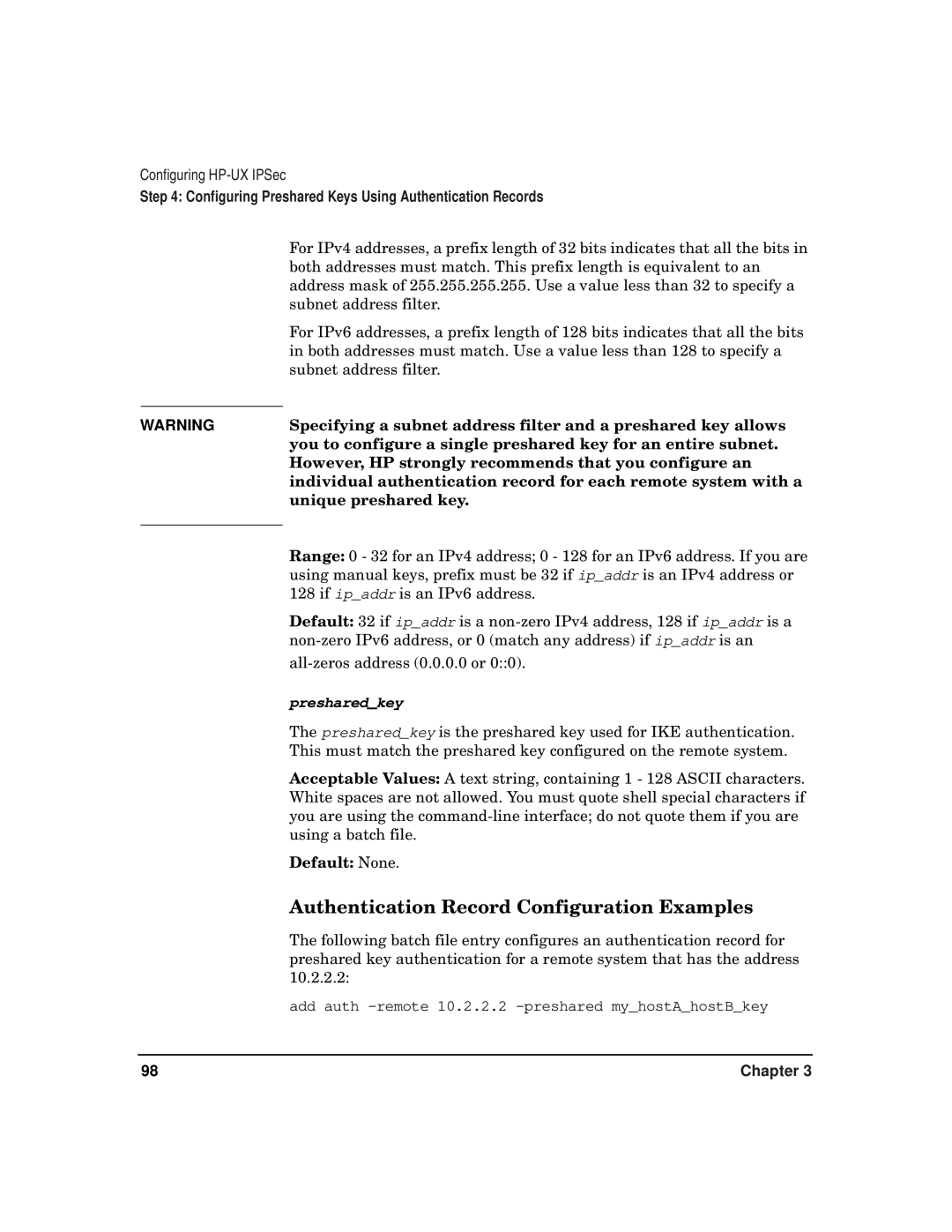 HP UX IPSec Software Authentication Record Configuration Examples, However, HP strongly recommends that you configure an 