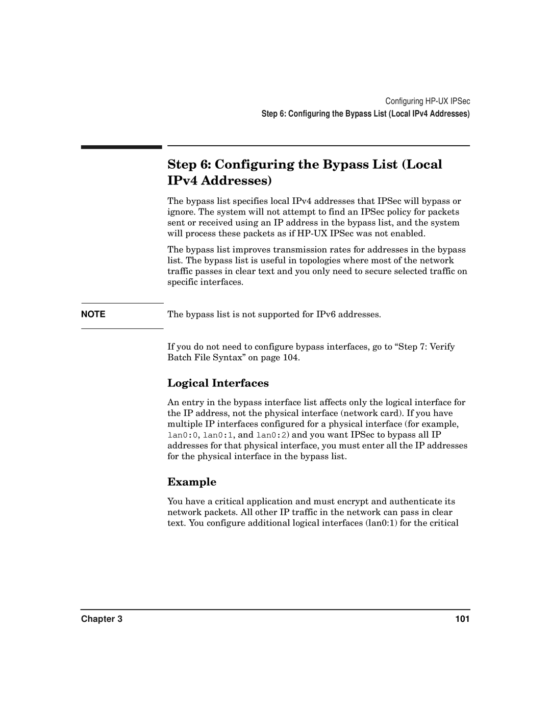 HP UX IPSec Software manual Configuring the Bypass List Local IPv4 Addresses, Logical Interfaces, Example 