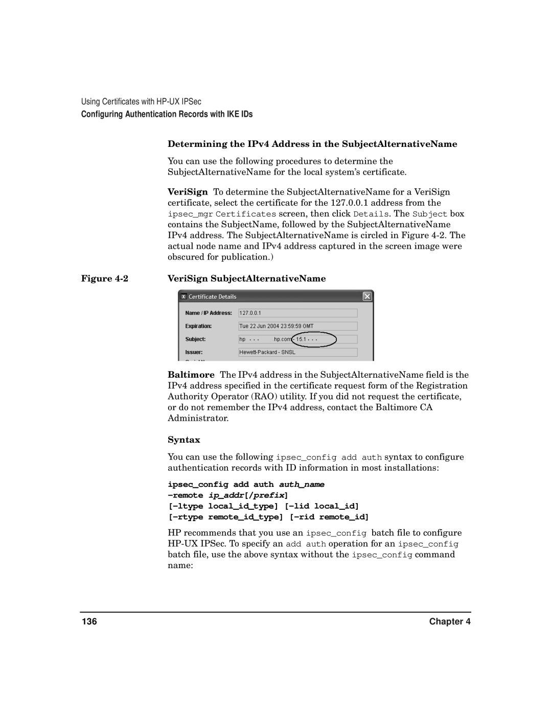 HP UX IPSec Software Determining the IPv4 Address in the SubjectAlternativeName, VeriSign SubjectAlternativeName, Syntax 