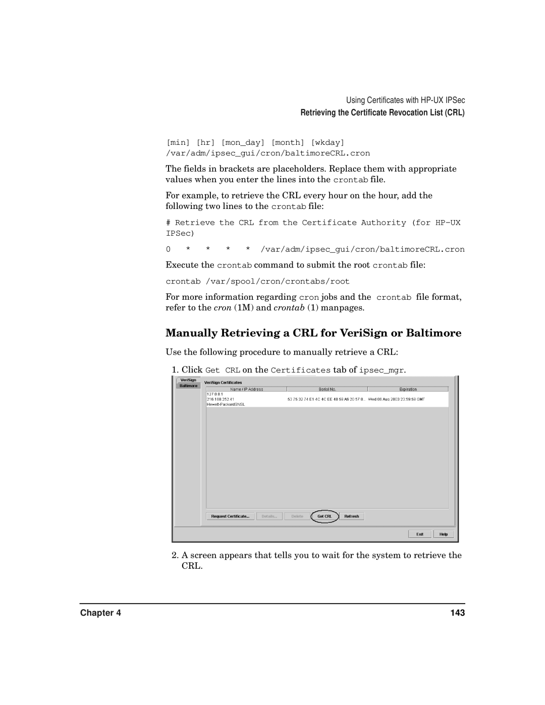 HP UX IPSec Software manual Manually Retrieving a CRL for VeriSign or Baltimore 