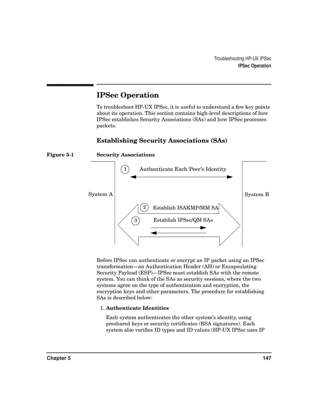 HP UX IPSec Software manual IPSec Operation, Establishing Security Associations SAs, Authenticate Each Peer’s Identity 