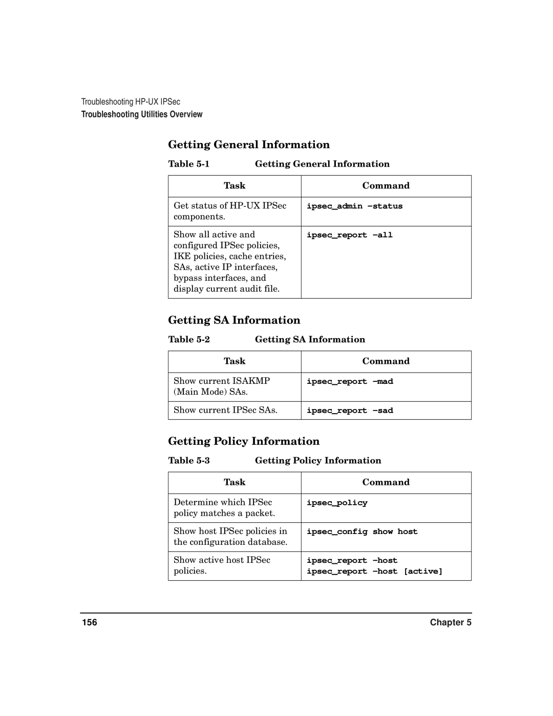 HP UX IPSec Software manual Getting General Information, Getting SA Information, Getting Policy Information 