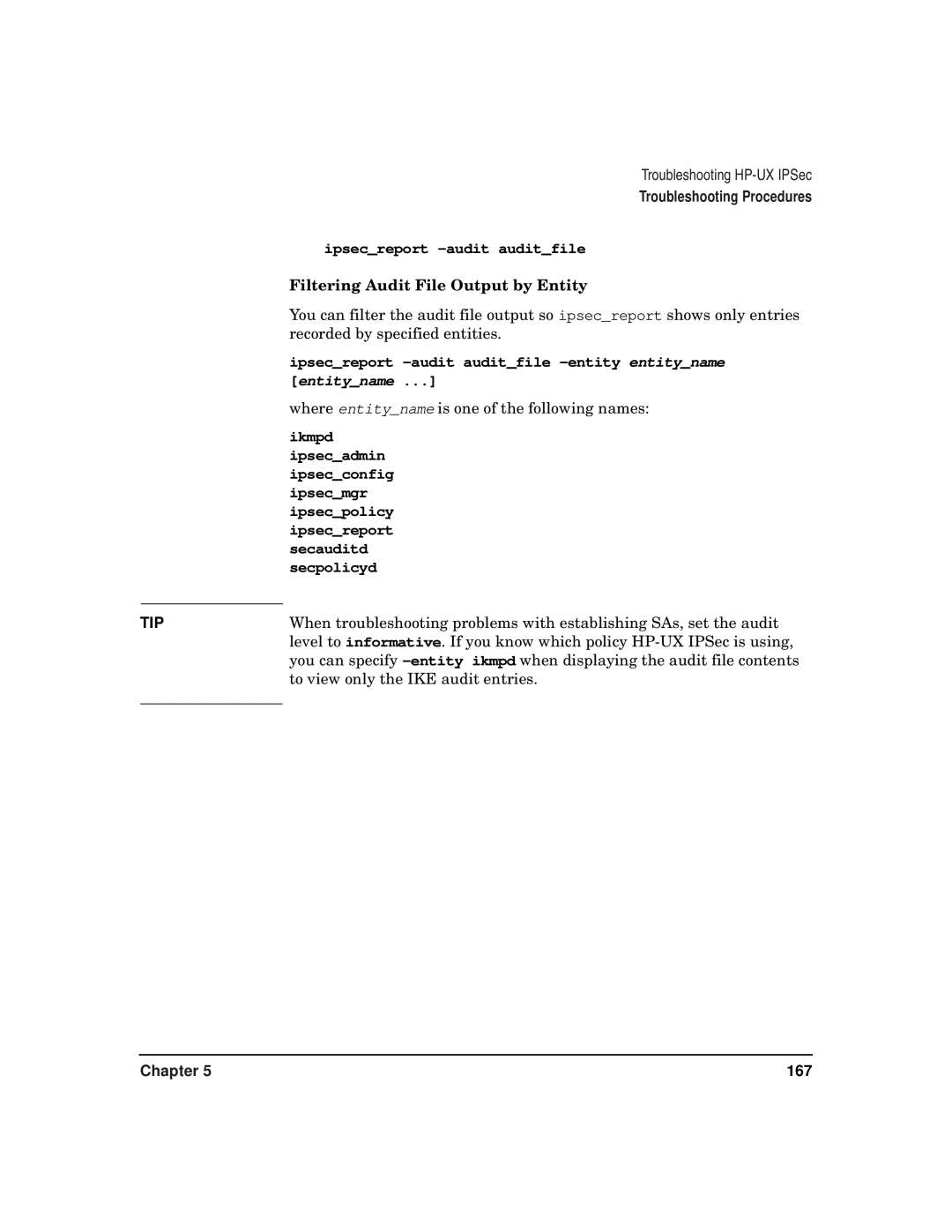 HP UX IPSec Software manual Filtering Audit File Output by Entity, Recorded by specified entities 